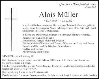 Traueranzeige von Alois Müller von trierischer_volksfreund