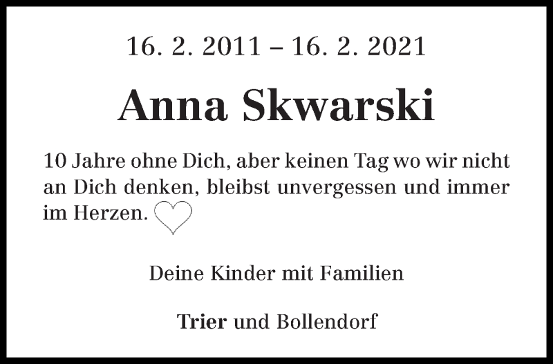  Traueranzeige für Anna Skwarski vom 13.02.2021 aus trierischer_volksfreund