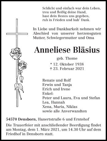 Traueranzeige von Anneliese Bläsius von trierischer_volksfreund