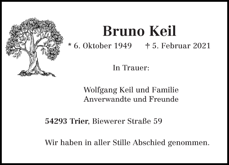  Traueranzeige für Bruno Keil vom 20.02.2021 aus trierischer_volksfreund