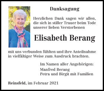 Traueranzeige von Elisabeth Berang von trierischer_volksfreund