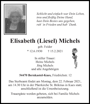 Traueranzeige von Elisabeth Michels von trierischer_volksfreund