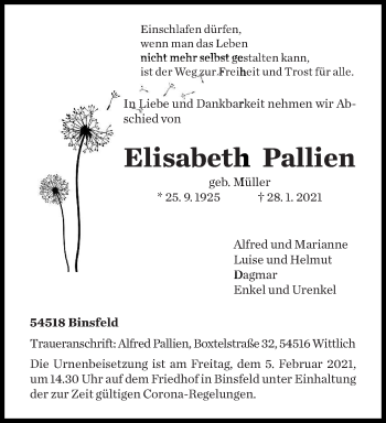 Traueranzeige von Elisabeth Pallien von trierischer_volksfreund
