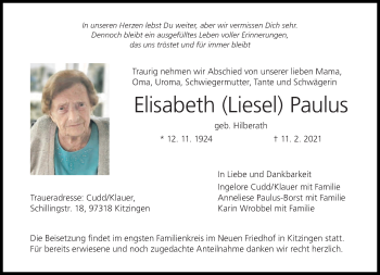 Traueranzeige von Elisabeth Paulus von trierischer_volksfreund