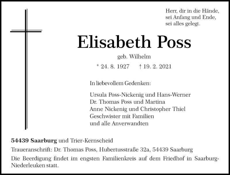  Traueranzeige für Elisabeth Poss vom 27.02.2021 aus trierischer_volksfreund