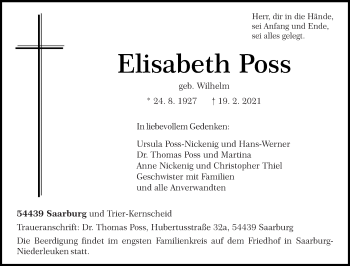 Traueranzeige von Elisabeth Poss von trierischer_volksfreund