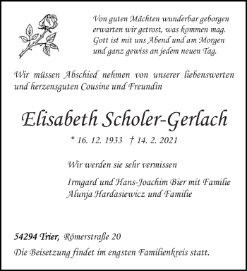 Traueranzeige von Elisabeth Scholer-Gerlach von trierischer_volksfreund