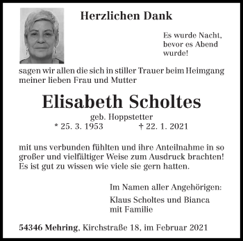 Traueranzeige von Elisabeth Scholtes von trierischer_volksfreund