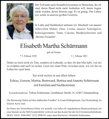 Traueranzeige von Elisabeth Martha Schürmann von trierischer_volksfreund