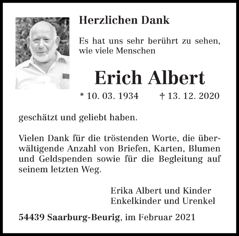  Traueranzeige für Erich Albert vom 06.02.2021 aus trierischer_volksfreund