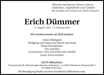Traueranzeige von Erich Dümmer von trierischer_volksfreund