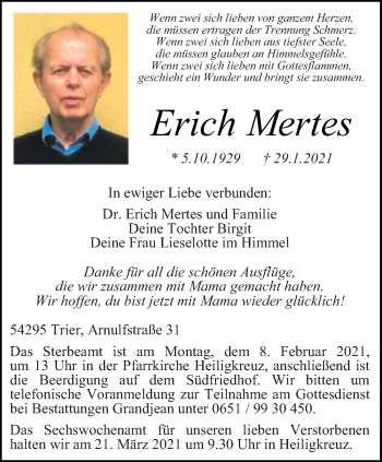 Traueranzeige von Erich Mertes von trierischer_volksfreund