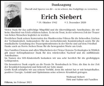 Traueranzeige von Erich Siebert von trierischer_volksfreund