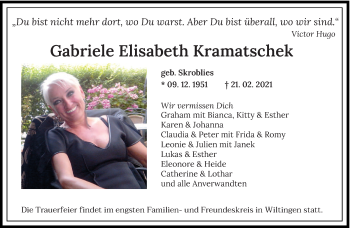 Traueranzeige von Gabriele Elisabeth Kramatschek von trierischer_volksfreund