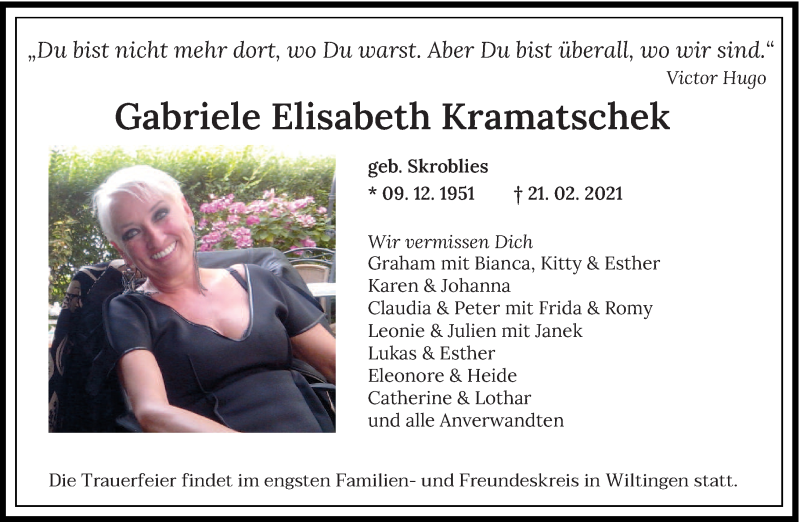  Traueranzeige für Gabriele Elisabeth Kramatschek vom 26.02.2021 aus trierischer_volksfreund