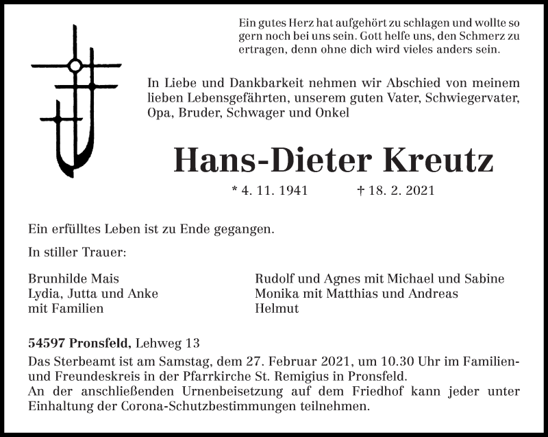  Traueranzeige für Hans-Dieter Kreutz vom 22.02.2021 aus trierischer_volksfreund