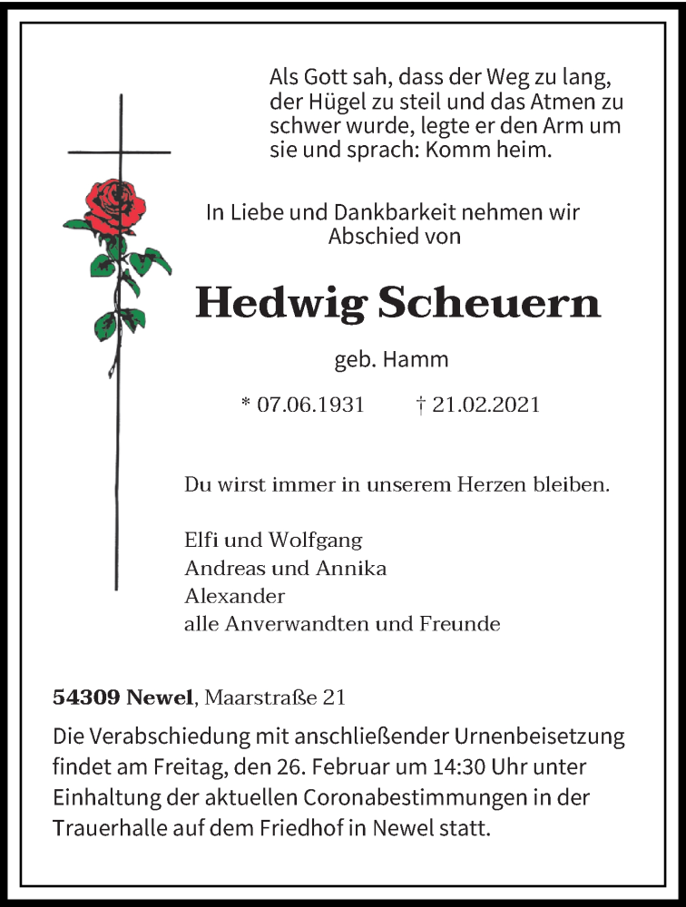  Traueranzeige für Hedwig Scheuern vom 24.02.2021 aus trierischer_volksfreund