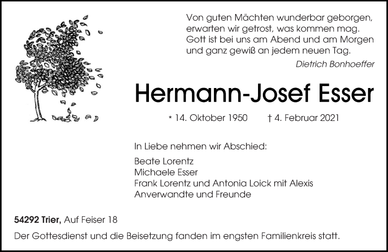  Traueranzeige für Hermann-Josef Esser vom 20.02.2021 aus trierischer_volksfreund