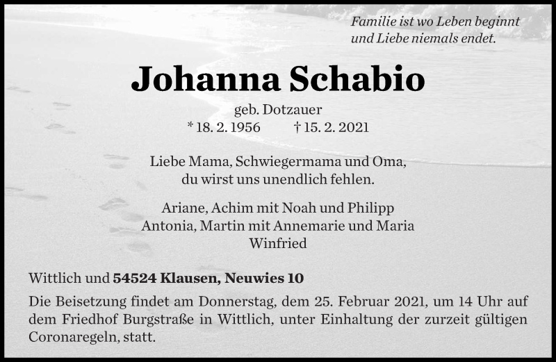  Traueranzeige für Johanna Schabio vom 20.02.2021 aus trierischer_volksfreund