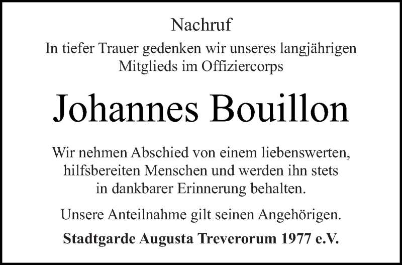  Traueranzeige für Johannes Bouillon vom 06.02.2021 aus trierischer_volksfreund