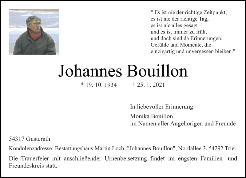  Traueranzeige für Johannes Bouillon vom 03.02.2021 aus trierischer_volksfreund