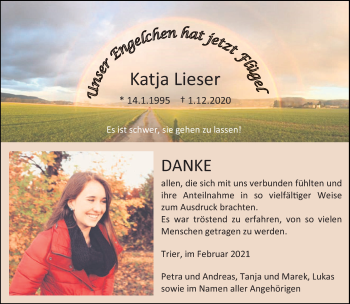 Traueranzeige von Katja Lieser von trierischer_volksfreund
