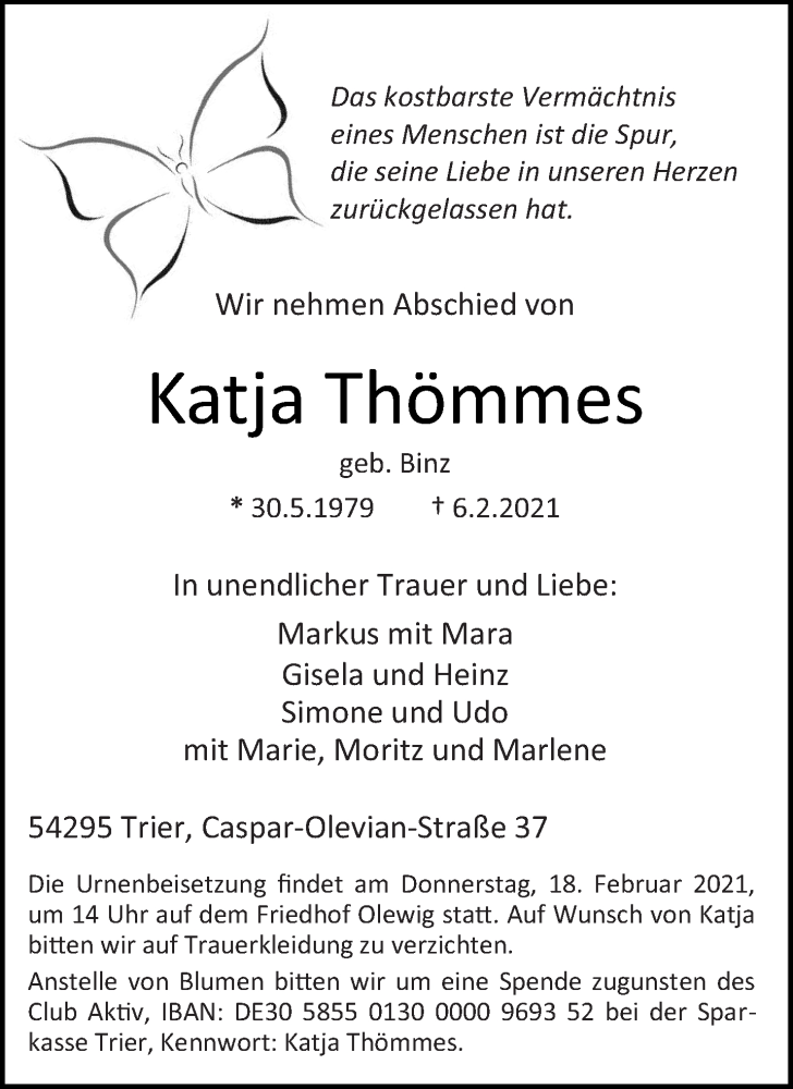  Traueranzeige für Katja Thömmes vom 13.02.2021 aus trierischer_volksfreund