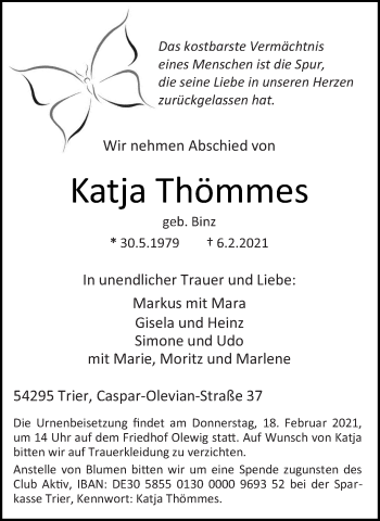 Traueranzeige von Katja Thömmes von trierischer_volksfreund