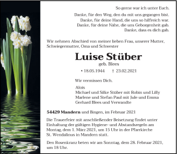 Traueranzeige von Luise Stüber von trierischer_volksfreund