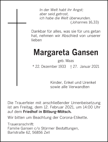 Traueranzeige von Margareta Gansen von trierischer_volksfreund