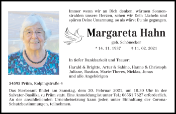 Traueranzeige von Margareta Hahn von trierischer_volksfreund