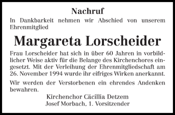 Traueranzeige von Margareta Lorscheider von trierischer_volksfreund