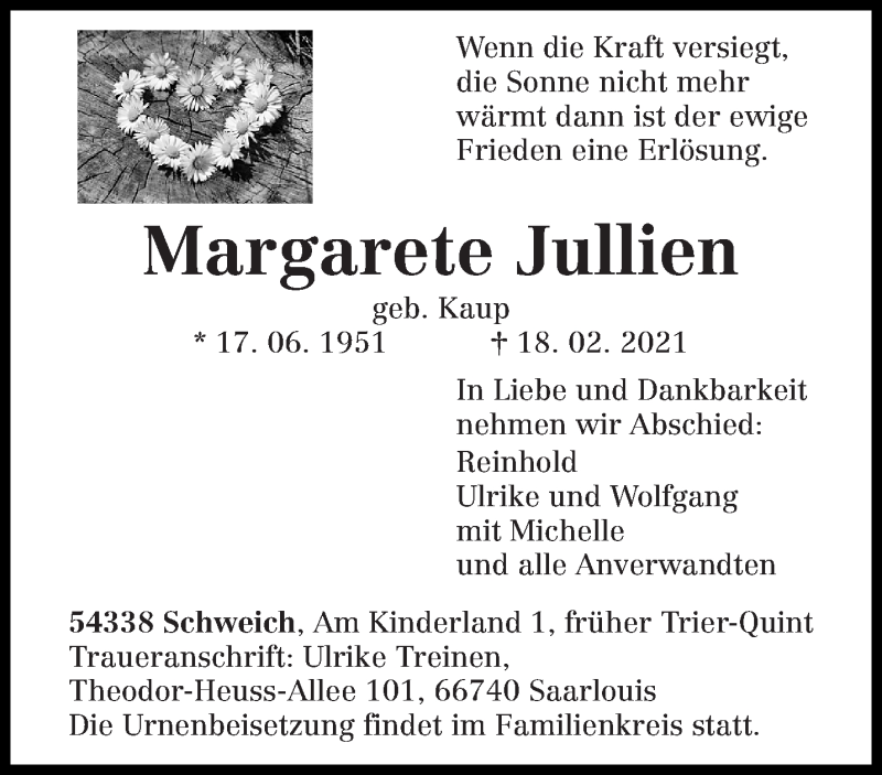  Traueranzeige für Margarete Jullien vom 24.02.2021 aus trierischer_volksfreund