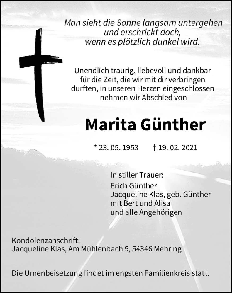  Traueranzeige für Marita Günther vom 24.02.2021 aus trierischer_volksfreund
