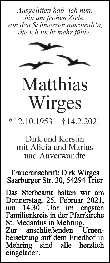  Traueranzeige für Matthias Wirges vom 20.02.2021 aus trierischer_volksfreund