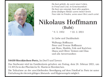 Traueranzeige von Nikolaus Hoffmann von trierischer_volksfreund