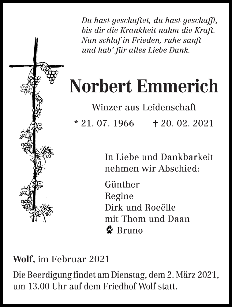  Traueranzeige für Norbert Emmerich vom 27.02.2021 aus trierischer_volksfreund