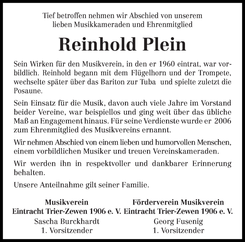  Traueranzeige für Reinhold Plein vom 13.02.2021 aus trierischer_volksfreund