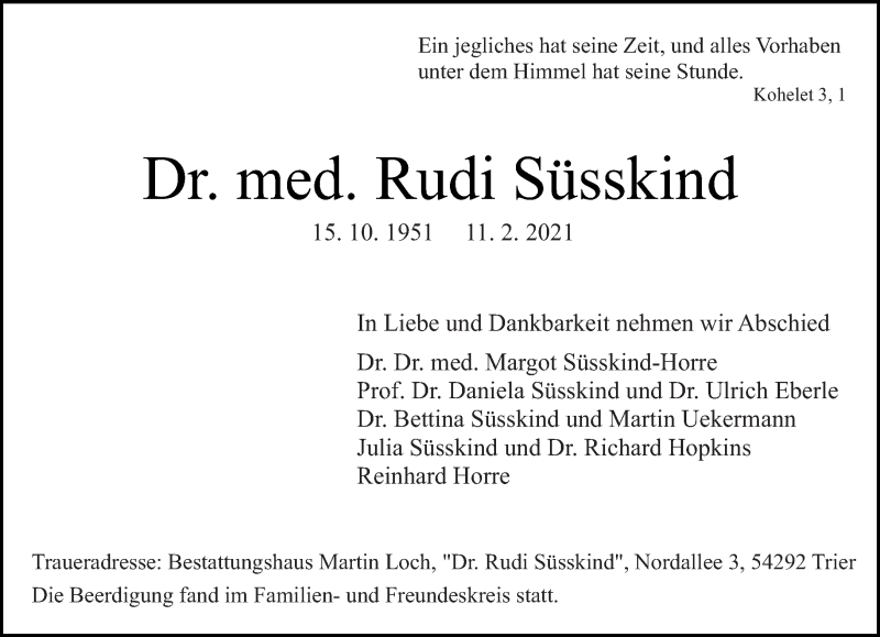  Traueranzeige für Rudi Süsskind vom 20.02.2021 aus trierischer_volksfreund