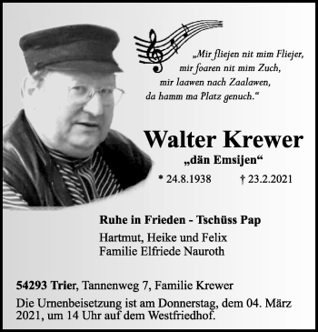 Traueranzeige von Walter Krewer von trierischer_volksfreund