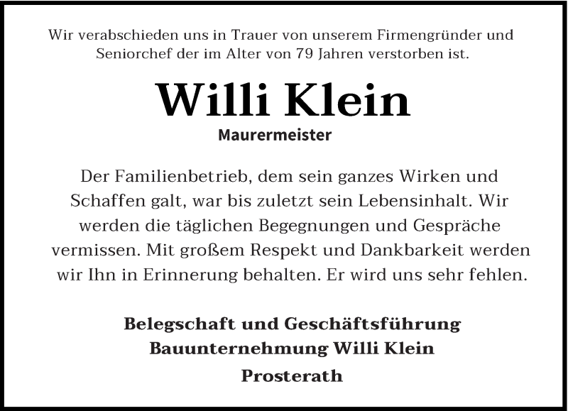  Traueranzeige für Willi Klein vom 20.02.2021 aus trierischer_volksfreund
