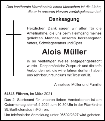 Traueranzeige von Alois Müller von trierischer_volksfreund