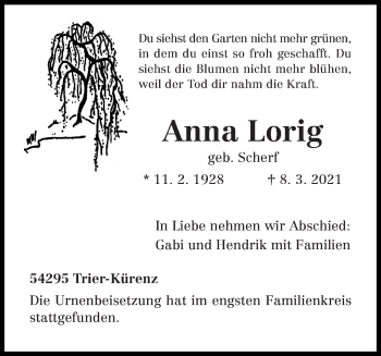 Traueranzeige von Anna Lorig von trierischer_volksfreund