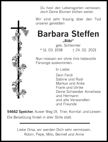 Traueranzeige von Barbara Steffen von trierischer_volksfreund