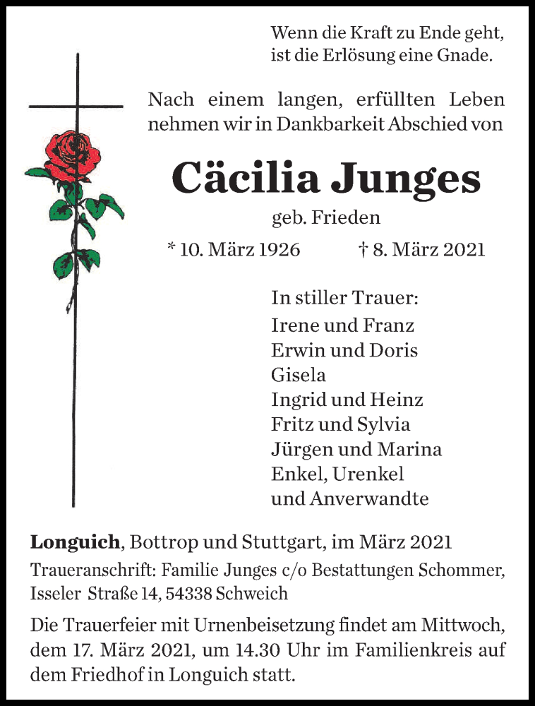  Traueranzeige für Cäcilia Junges vom 13.03.2021 aus trierischer_volksfreund