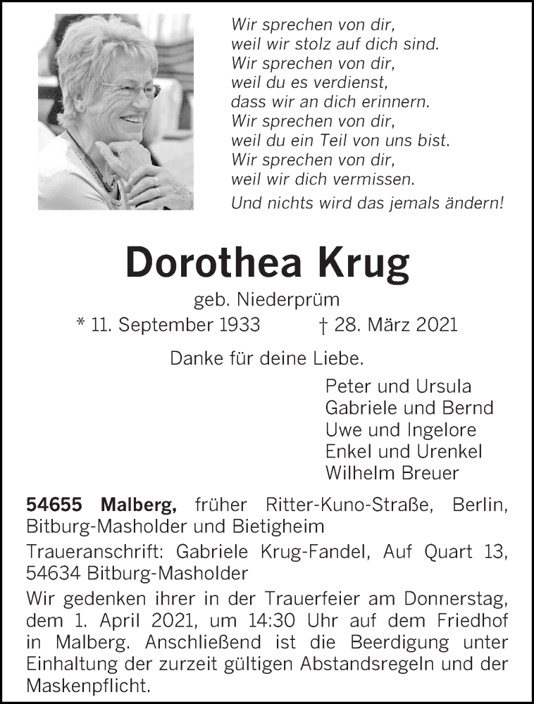  Traueranzeige für Dorothea Krug vom 30.03.2021 aus trierischer_volksfreund