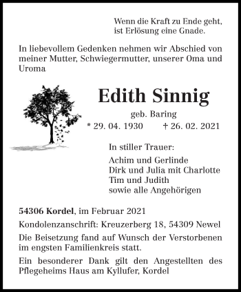 Traueranzeige von Edith Sinnig von trierischer_volksfreund