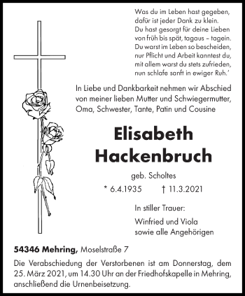 Traueranzeige von Elisabeth Hackenbruch von trierischer_volksfreund