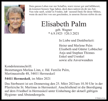 Traueranzeige von Elisabeth Palm von trierischer_volksfreund