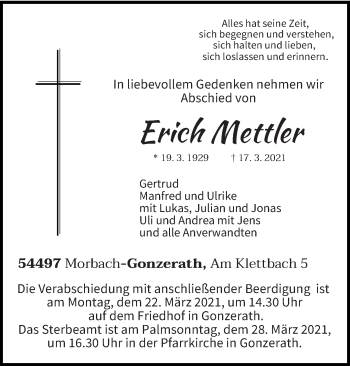 Traueranzeige von Erich Mettler von trierischer_volksfreund
